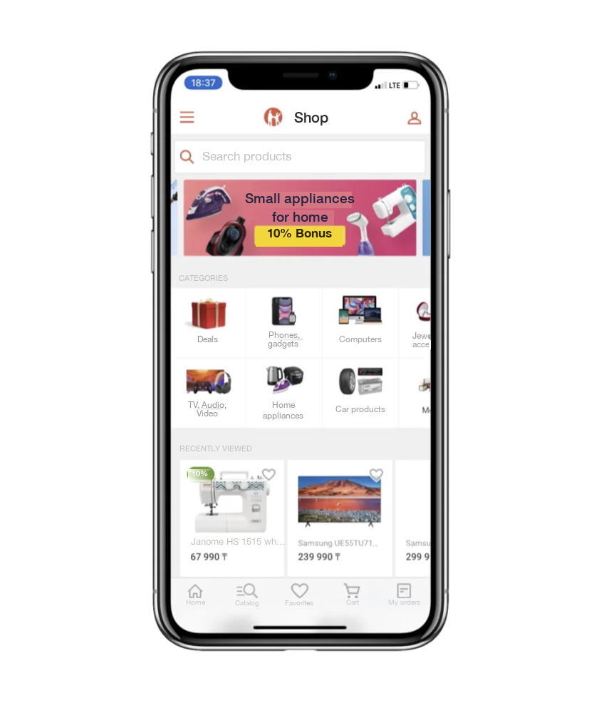 Kaspi.kz Shop home screen: banner, category block and product recommendation widgets