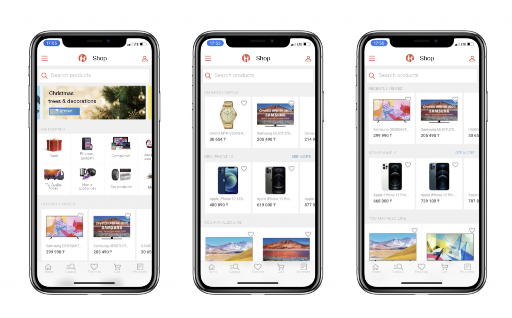 Recently viewed items and similar-product recommendations on the Kaspi.kz home screen